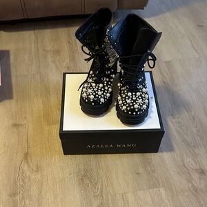 Azalea Wang Black Pearl Embellished Combat Boots
